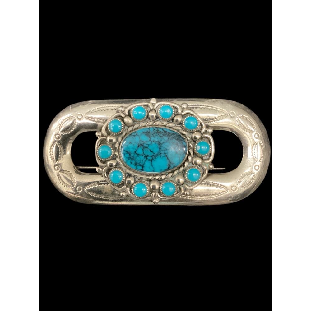 Western Style Vintage Sterling Brooch With Turquoise